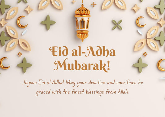 Eid al-Adha greeting card with festive lantern and floral decorations, expressing joy and blessings.
