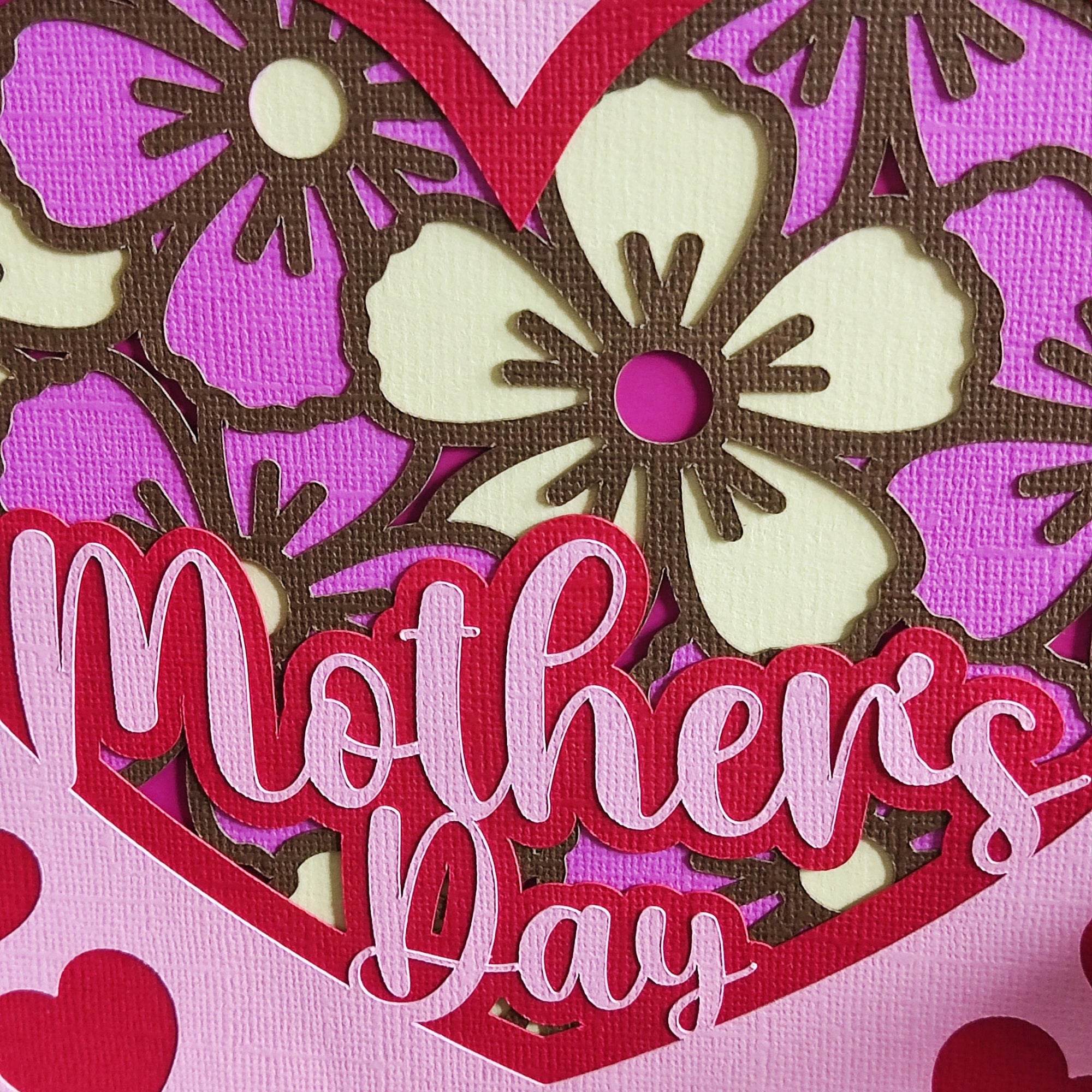 Close-up of a Mother's Day card with a layered floral heart design and "Mother's Day" text.