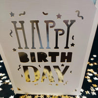 Close-up of a white laser-cut "Happy Birthday" card holder with star confetti.