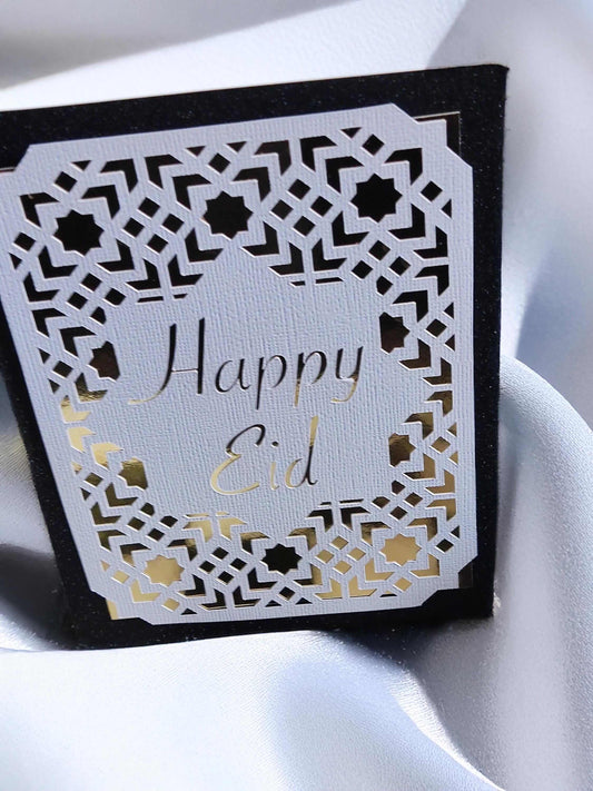 Happy Eid Card featuring laser cut Islamic geometric design, perfect for Muslim celebration greetings.