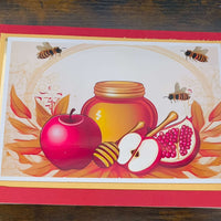 Vibrant Rosh Hashanah card featuring honey, apples, pomegranate, and bees, perfect for personalised Jewish New Year greetings.