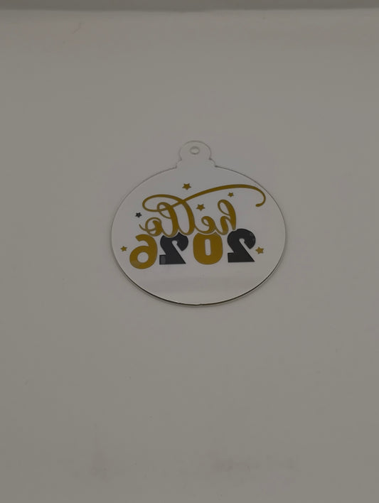 2026 New Year bauble ornament with decorative text and stars design for festive celebrations.