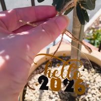 Acrylic New Year bauble ornament reading 'hello 2026', hanging from a plant, perfect for festive decoration.