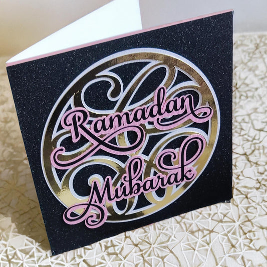 Handmade Glittery Ramadan Mubarak Card featuring elegant calligraphy on a stylish black background.