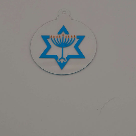 Acrylic Hanukkah decoration with menorah and Star of David design on white background.