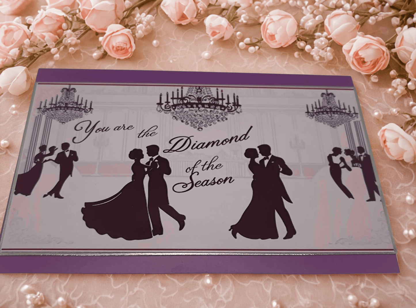 Vintage romantic greeting card featuring ballroom dancers and the quote 'You are the Diamond of the Season'