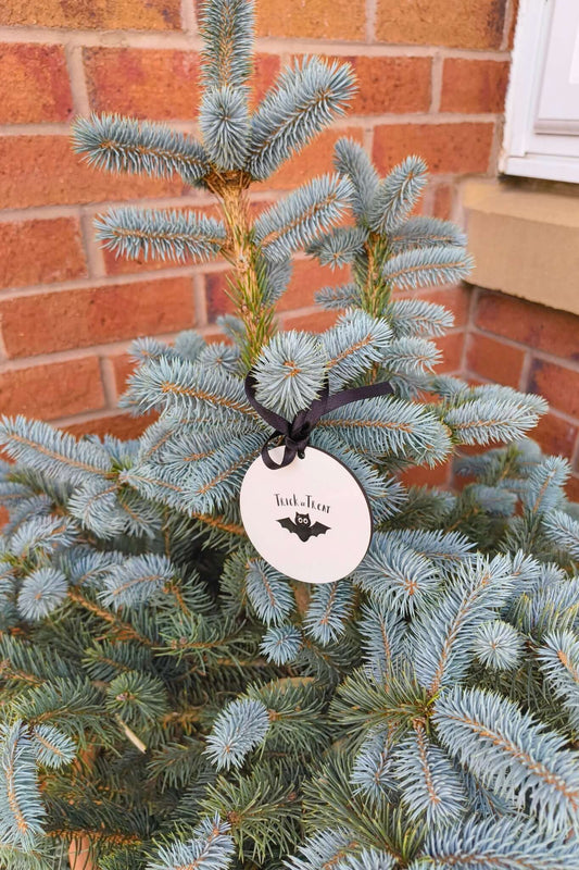 Black ribbon Halloween bauble with spooky bat and Trick or Treat text, custom name option.