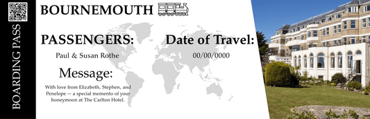 Custom Bournemouth boarding pass gift card with passenger names and heartfelt message, featuring The Carlton Hotel photo as a honeymoon keepsake.