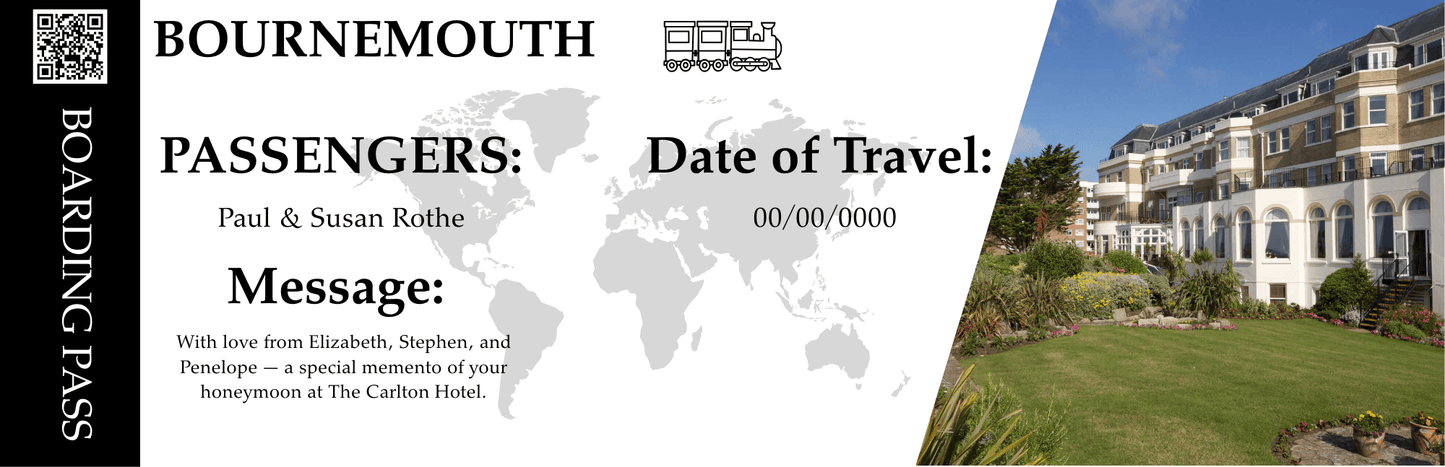 Personalised Bournemouth boarding pass memento with passenger names, travel theme, and The Carlton Hotel photograph, perfect anniversary keepsake.