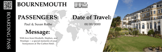 Personalised Bournemouth boarding pass memento with passenger names, travel theme, and The Carlton Hotel photograph, perfect anniversary keepsake.