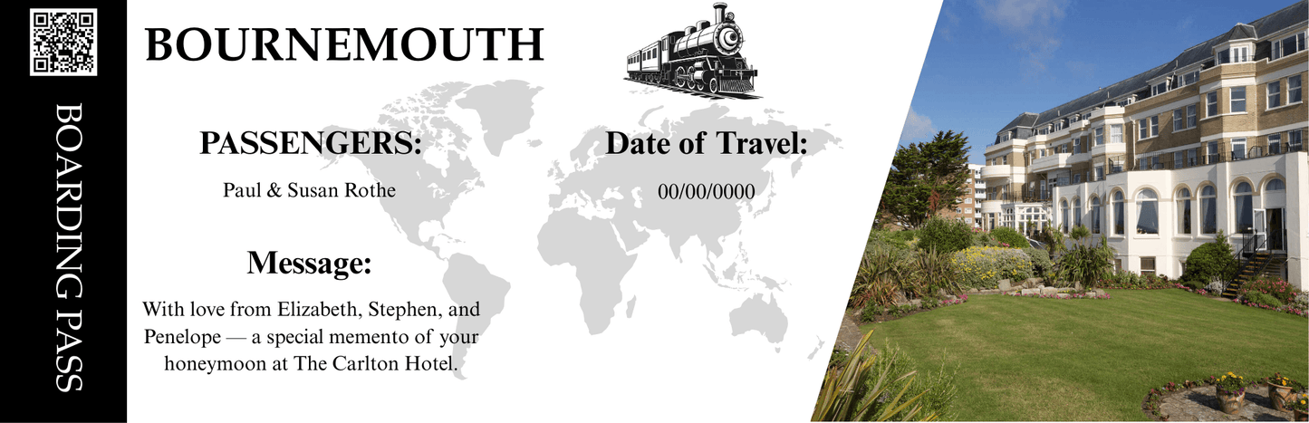 Bournemouth boarding pass themed keepsake card with train graphic, personalised names, and Carlton Hotel backdrop, ideal for anniversary or honeymoon gift.