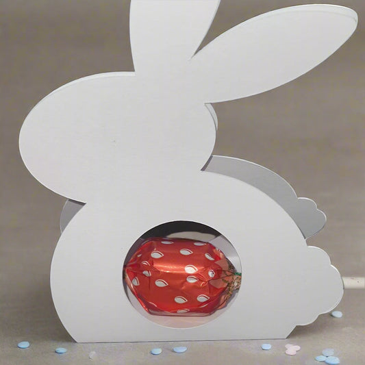 White Easter Bunny Chocolate Holder with red polka dot chocolate treat inside, reusable and personalized.