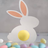 White Easter Bunny Chocolate Holder made of cardstock with personalized gold foil detail on the ear, designed to hold mini chocolate eggs or sweets.