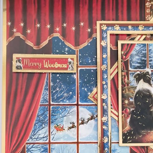 Detail shot of red curtain and Santa’s sleigh flying past the window on a handmade Christmas dog card.