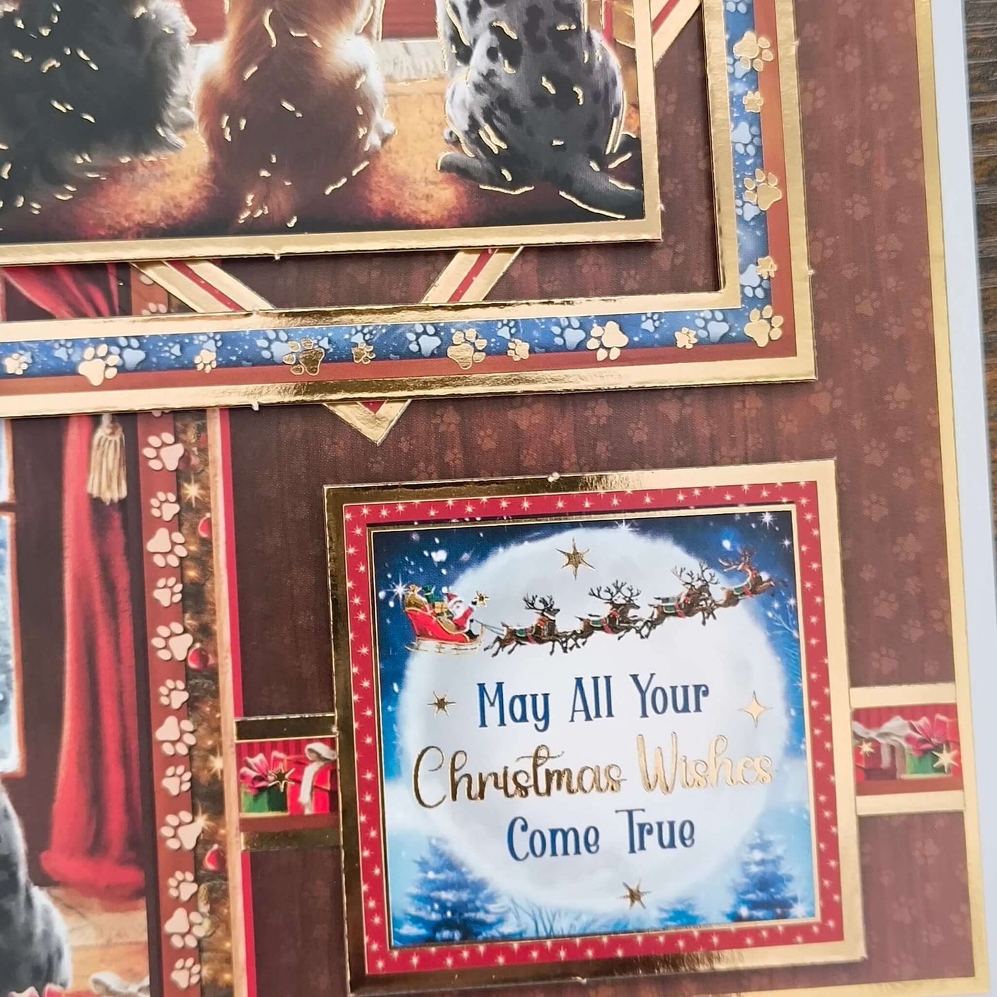 Sentiment panel close-up reading “May All Your Christmas Wishes Come True” with Santa and reindeer design.