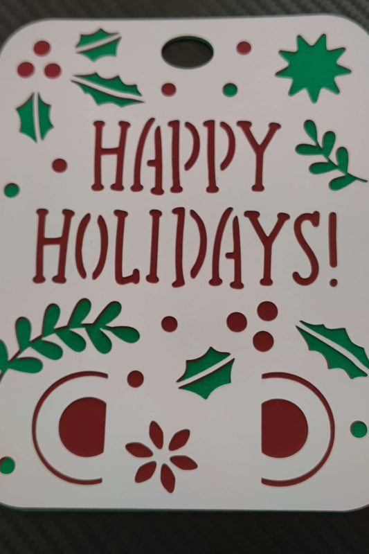 Christmas Happy Holidays card with layered cardstock and festive holly decoration.