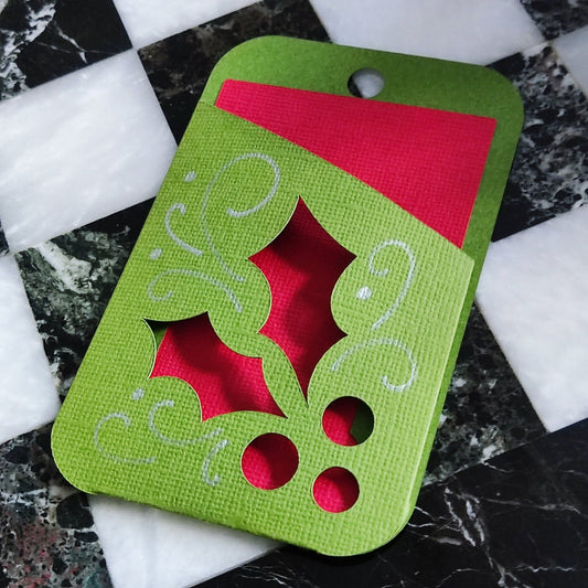 Holly Gift Card Holder in Green and Red, perfect for Christmas gift card presentation.