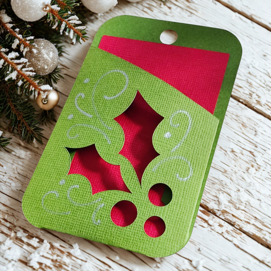 Holly Gift Card Holder in green and red, festive design with holly leaves, perfect for Christmas gifting.