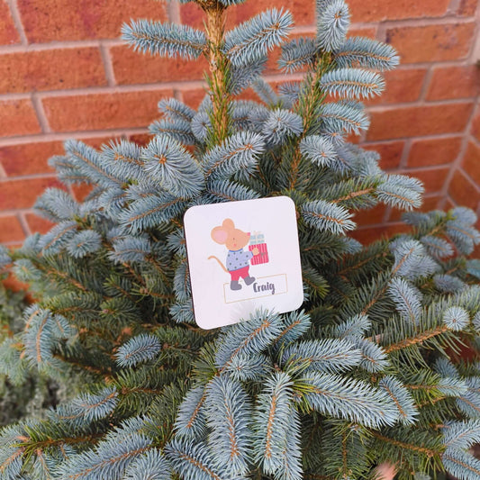 Personalised Christmas mouse coaster featuring a cute mouse with a gift, perfect for festive gifting.