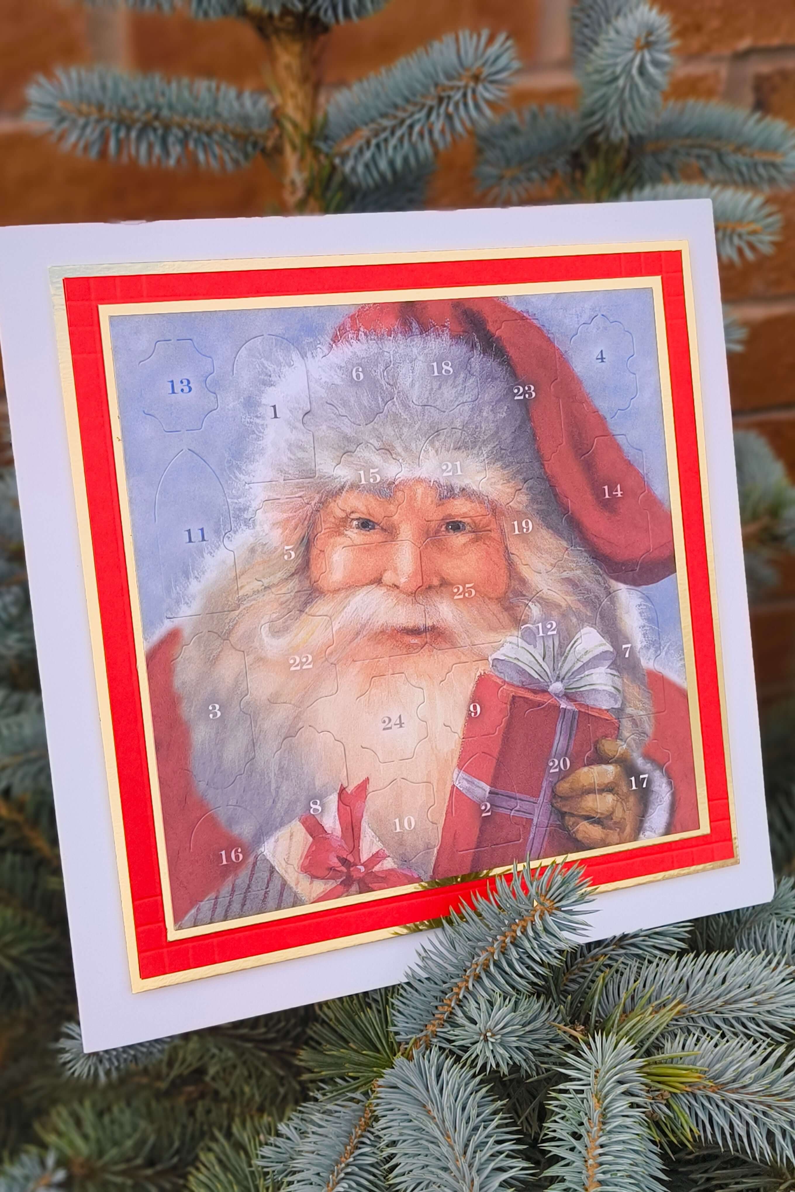 Classic Santa Claus Advent Calendar with 25 numbered doors, red and gold border, resting on a pine tree branch with natural outdoor lighting.