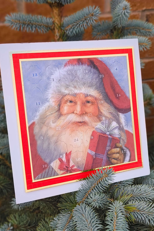 Classic Santa Claus Advent Calendar with 25 numbered doors, red and gold border, resting on a pine tree branch with natural outdoor lighting.