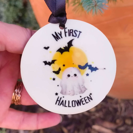 My First Halloween Ornament featuring a ghost, moon, and bats for baby's first spooky season.