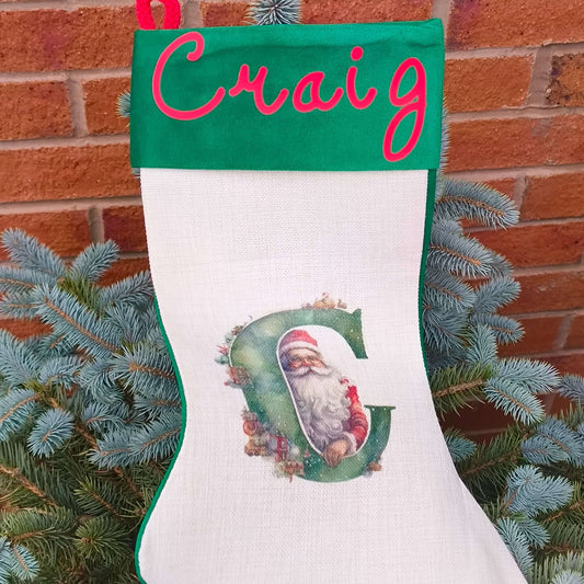 Personalised Vintage Santa Christmas Stocking with name Craig and vintage Santa illustration.