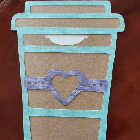 Handmade coffee cup gift card holder with turquoise blue edges and lilac heart wrap, perfect for personalised gifts.