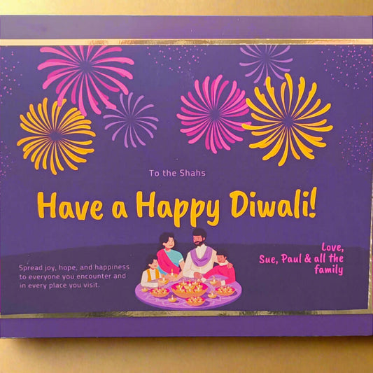 Purple personalised Diwali card with vibrant fireworks and an illustrated family lighting diyas. Custom message and family greeting included.
