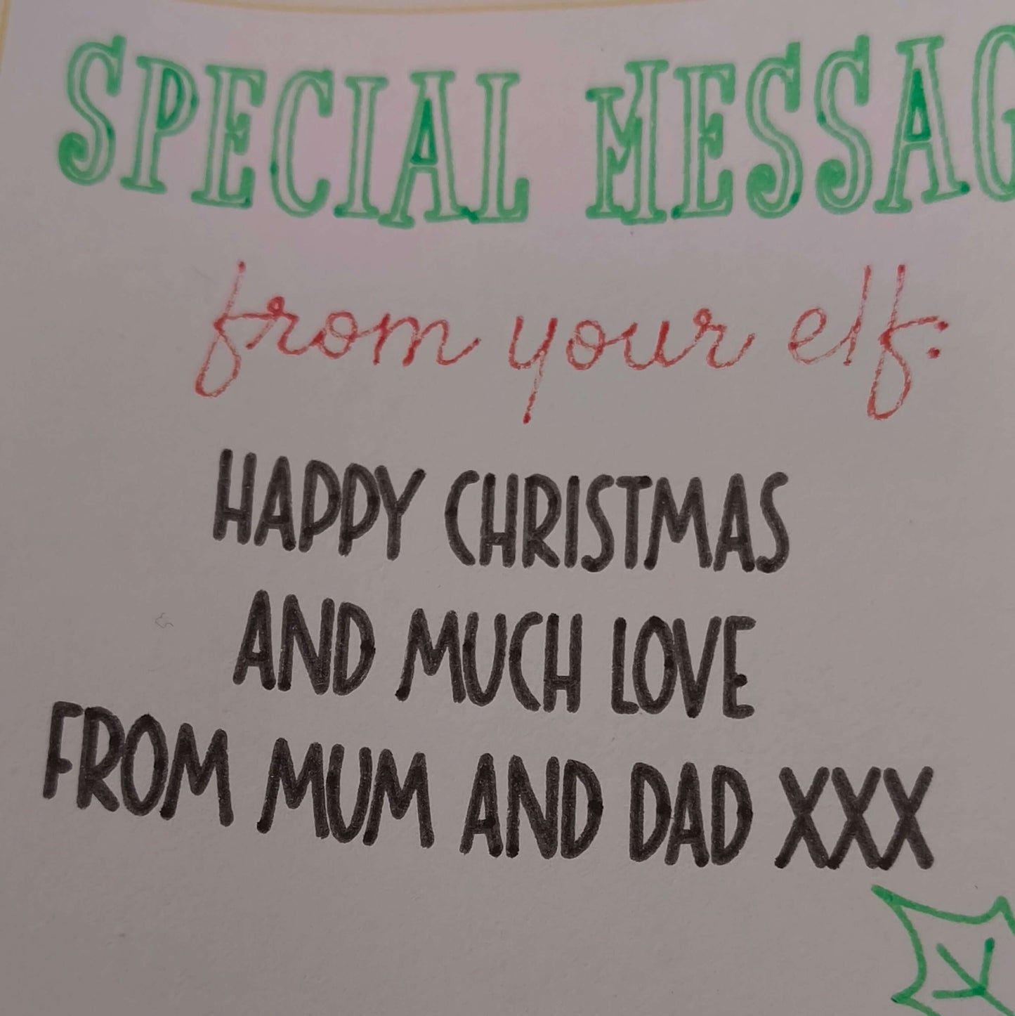 Personalised Elf Special Message Sticker for Christmas gifts, featuring hand-drawn holly and festive lettering