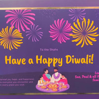 Purple Diwali card with colourful fireworks and a family lighting diyas. Personalised message with festive wishes from loved ones