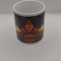 Diwali-themed mug displayed on a white background, showing the full wraparound pattern of lit diyas and a glowing mandala lantern design.