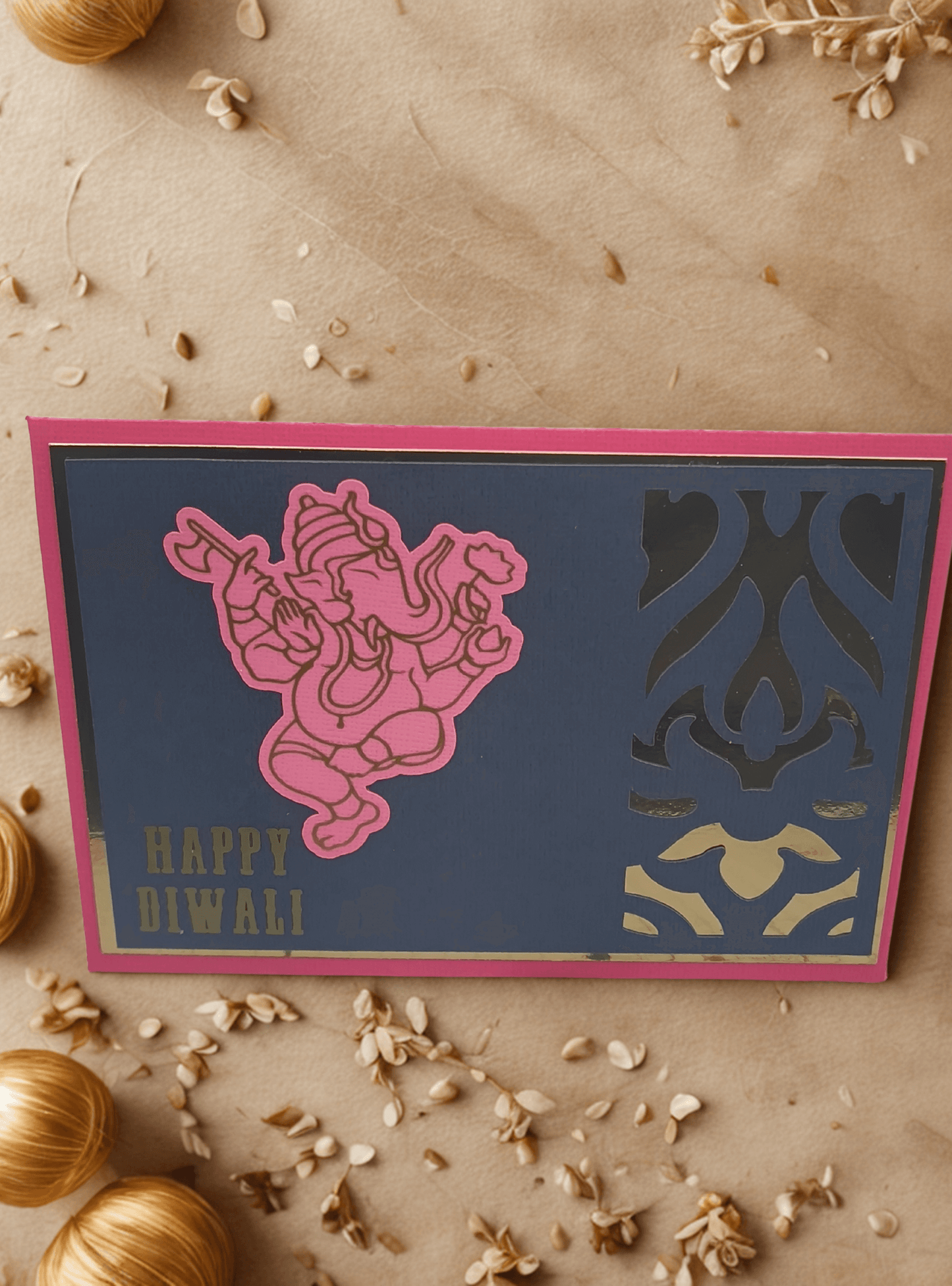 Personalised Diwali envelope featuring Ganesha design in pink and gold, celebrating Diwali with elegance.