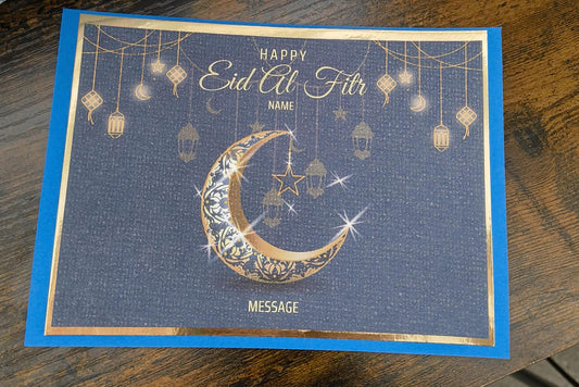 Elegant navy and gold Eid al-Fitr greeting card featuring crescent moon, lanterns, and editable name and message sections.