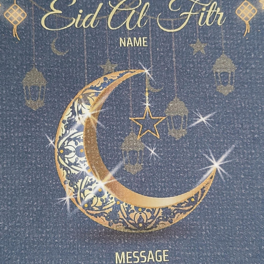 Close-up of personalised Eid al-Fitr card design with gold crescent moon, star, and lanterns on navy textured background.