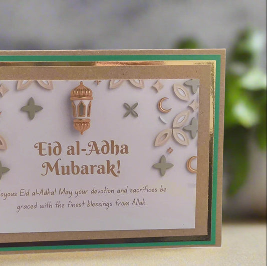 Handmade Eid al-Adha greeting card featuring elegant design and gold accents, perfect for sharing blessings.