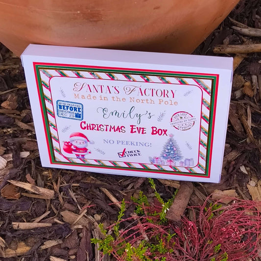 Personalised Christmas Eve box with Santa design featuring the name Emily, set against a festive backdrop.