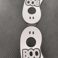 Two cute ghost-shaped Halloween tags with 'Boo' text, perfect for kids' treats and decorations.