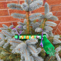 Personalised chocolate cracker gift hanging on a Christmas tree branch, decorated with colorful treats.