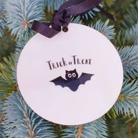 Halloween bat bauble with Trick or Treat text, personalised name and year, hanging decoration.