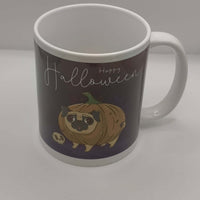 Halloween mug with pug pumpkin illustration on a clean white background, ceramic design ideal for spooky coffee mornings.