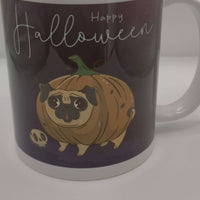 Happy Halloween mug showing cartoon pug dressed as a pumpkin, perfect autumn coffee mug or Halloween gift for dog lovers.