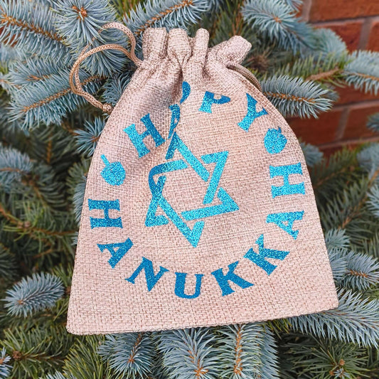 Hanukkah drawstring bag with a Star of David and festive design, perfect for celebrating the Festival of Lights.