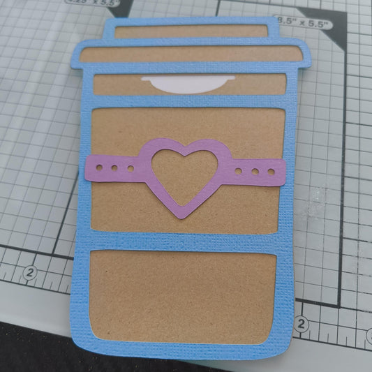 Kraft coffee cup gift card holder with blue frame and pink heart strap, handmade personalised money or voucher holder.