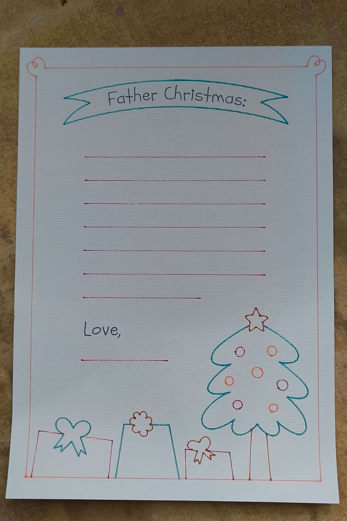 Personalised Father Christmas letter template with festive decorations for kids' wish lists.