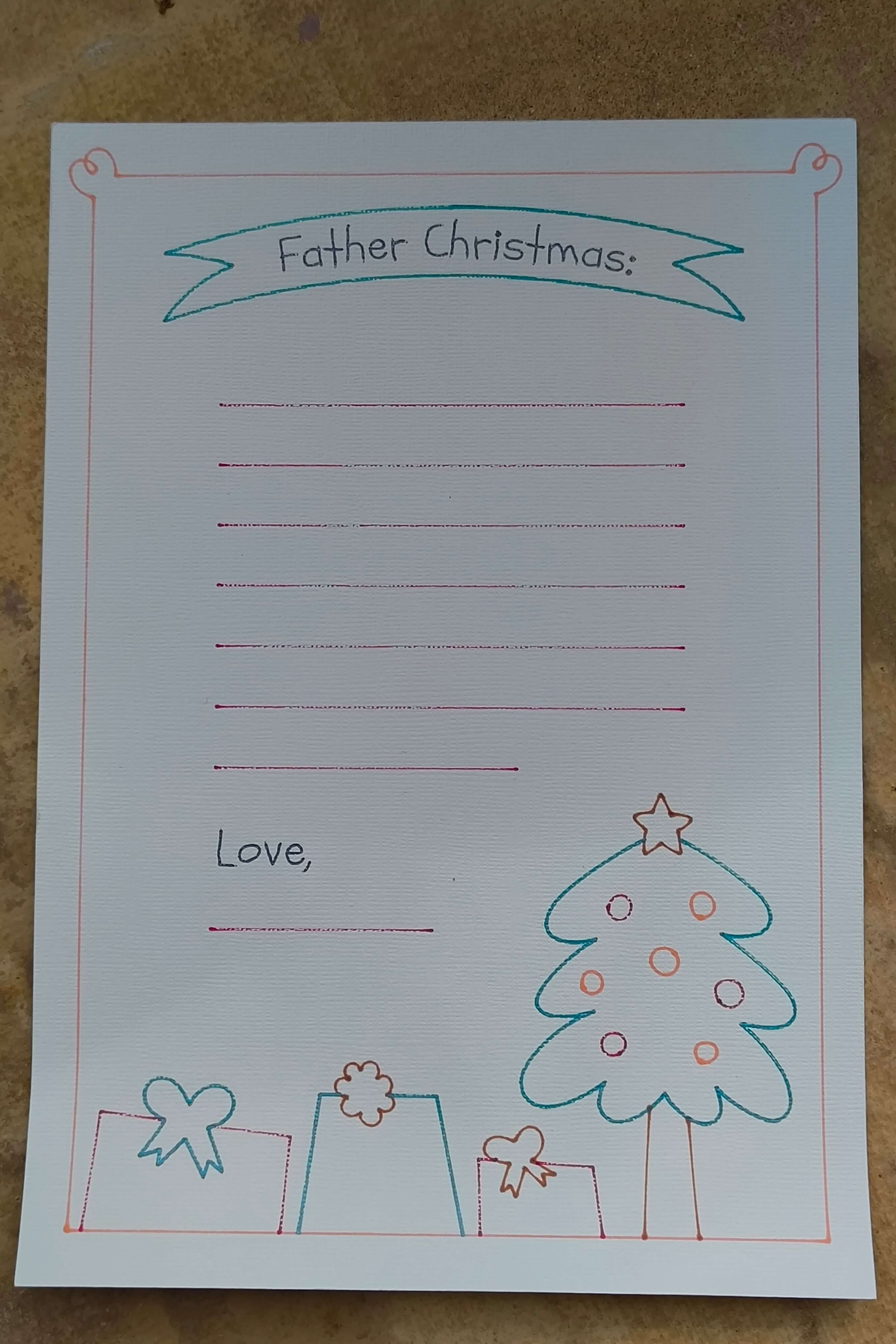 Personalised Father Christmas letter template with festive decorations for kids' wish lists.