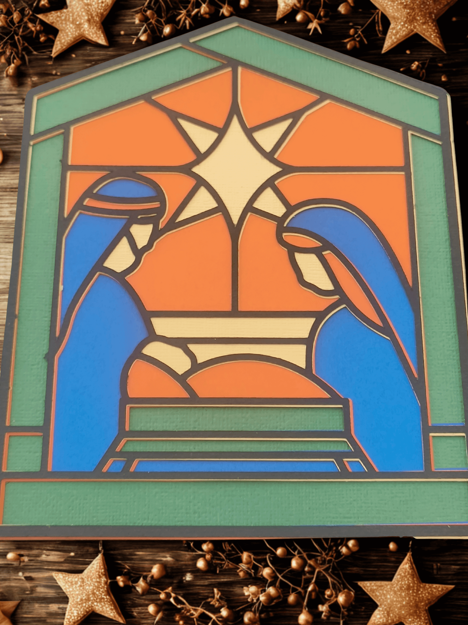 Handmade Nativity Christmas Card featuring stained glass design of Mary and Joseph, perfect for heartfelt holiday greetings.