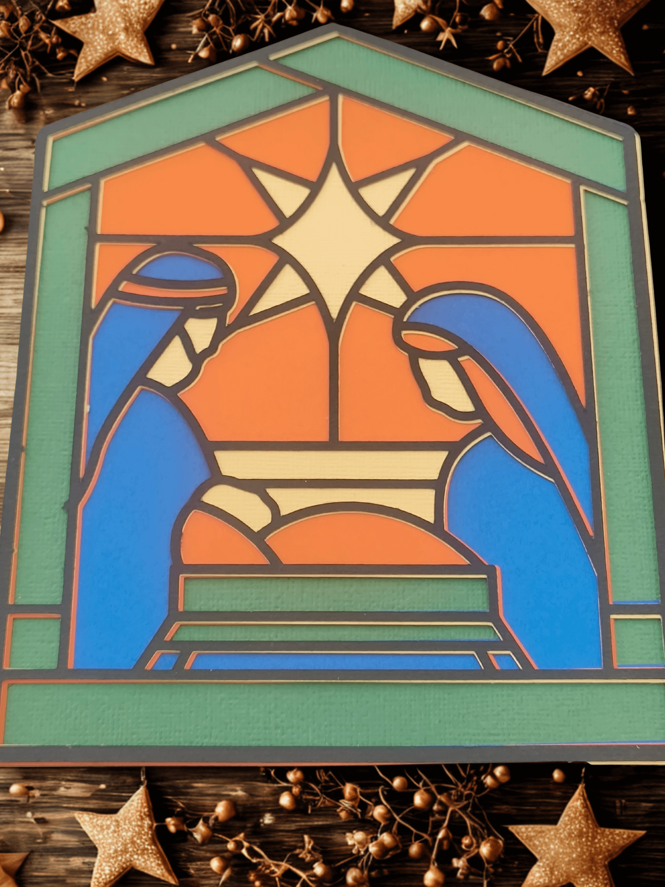 Handmade Nativity Christmas Card featuring stained glass design of Mary and Joseph, perfect for heartfelt holiday greetings.