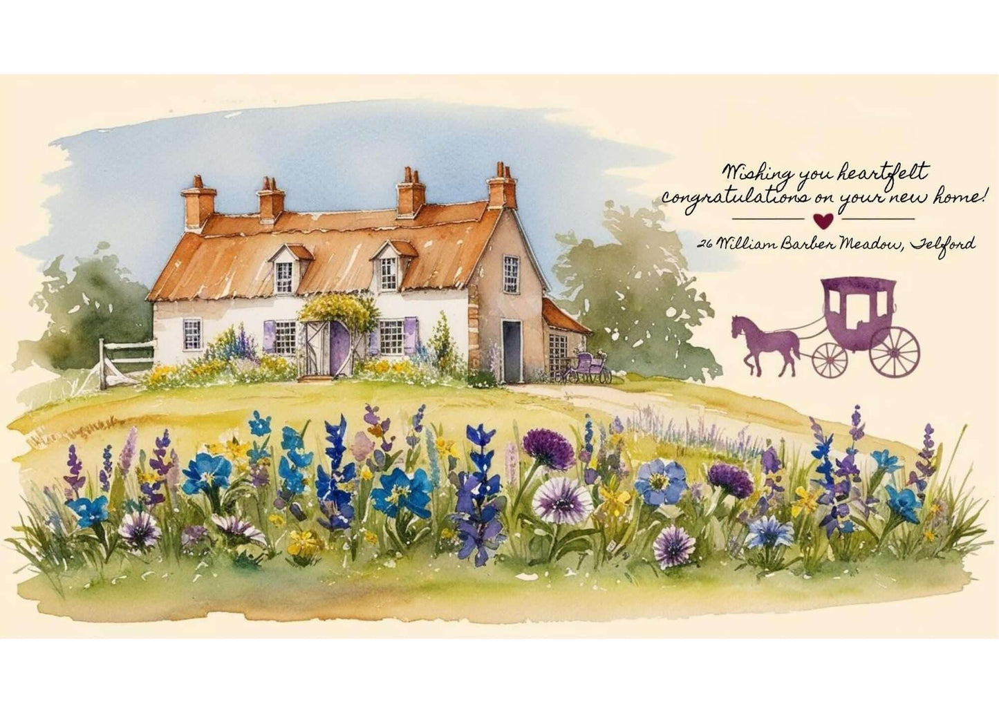 Full front-facing image of a handmade New Home card design featuring a charming country cottage, colourful wildflowers, and a purple horse-drawn carriage, with personalised congratulatory message for a new address.