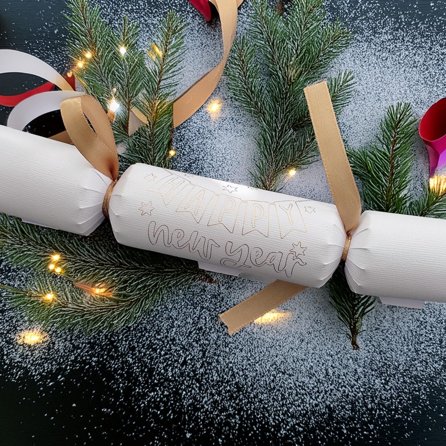 Handmade white New Year cracker with gold ribbon and âHappy New Yearâ lettering. Photographed with festive greenery, lights, and faux snow for a celebratory look.